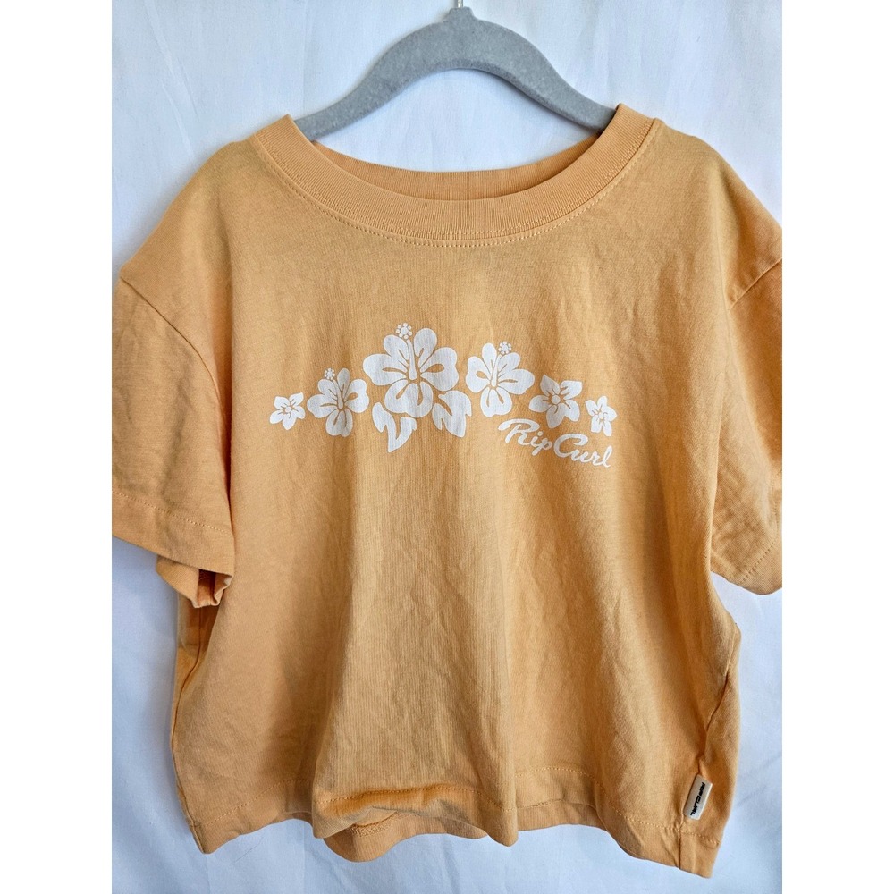 Rip Curl Womens S Tan Floral Cropped Short Sleeve Crew Neck Cotton Knit Tee